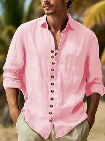 Heren Casual Retro Overhemd Lange Mouwen Knoopsluiting Revers Katoenmix Top Effen Kleur Vakantie Stijl