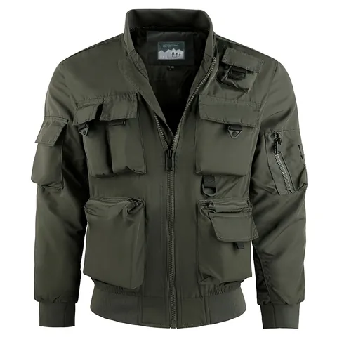 Men's Casual Tactical Bomber Jacket Multi Pocket Windproof Full Zip Outerwear Stand Collar Athletic Sportswear Coat