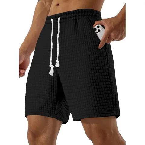 Herren Waffelstrick-Shorts Sommer Lässig Einfarbig Kordelzug Locker Gerade Sportshorts Workout Unterteil Kleidung