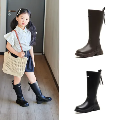 Bottes Martin Hautes pour Filles Style Britannique Fermeture Éclair Arrière Cuir Artificiel Imprimé Mode Semelle Épaisse