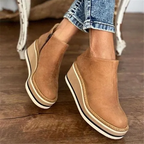 Women Wedge Ankle Boots Thick Bottom Side Zipper Platform Round Toe Solid Color British Style Autumn Winter Short Boots