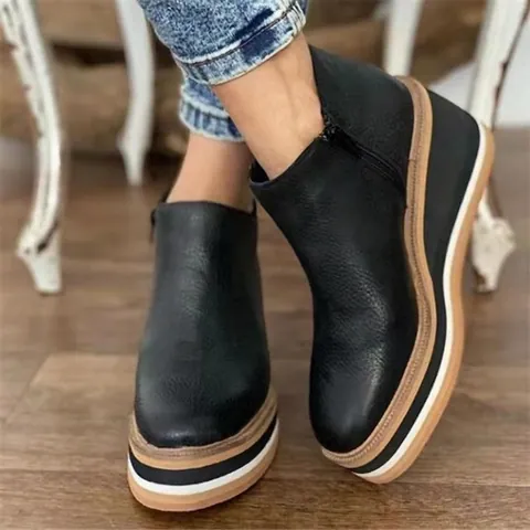 Women Wedge Ankle Boots Thick Bottom Side Zipper Platform Round Toe Solid Color British Style Autumn Winter Short Boots
