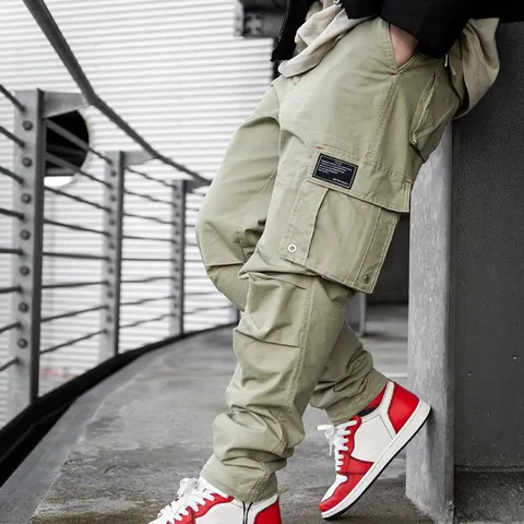 Men's Casual Cargo Jogger Pants Multi-Pocket Polyester Thin Straight Leg Outdoor Tactical Trousers Solid Color Cuffed Hem