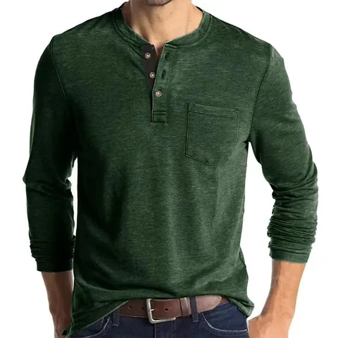 Men's Casual Slim Fit Long Sleeve Henley T-Shirt Cotton Blend Breathable Top With Breast Pocket Solid Color Lightweight