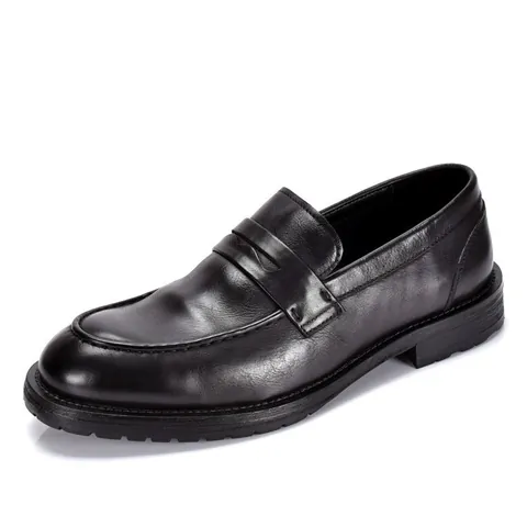 Men British Style Genuine Cowhide Leather Penny Loafers Slip-On Business Casual Dress Shoes Handmade Soft Leather Wedding Shoes