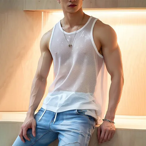 Men Sexy Transparent Mesh Tank Top Slim Fit Sleeveless Sports Vest Summer Lightweight Breathable Polyester Round Neck Top