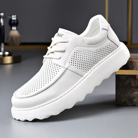 Zapatos Casuales de Serrín de Cuero para Hombre Suela Gruesa Aumento de Altura Perforados Zapatillas Blancas