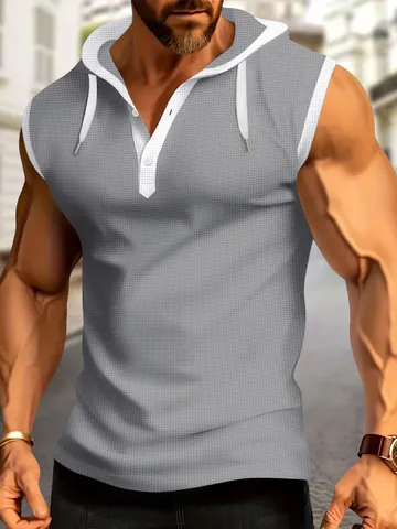 Men's Sleeveless Hooded T-Shirt Polyester Color Block Sporty Workout Henley Tank Top With Buttons For Summer Casual Daily