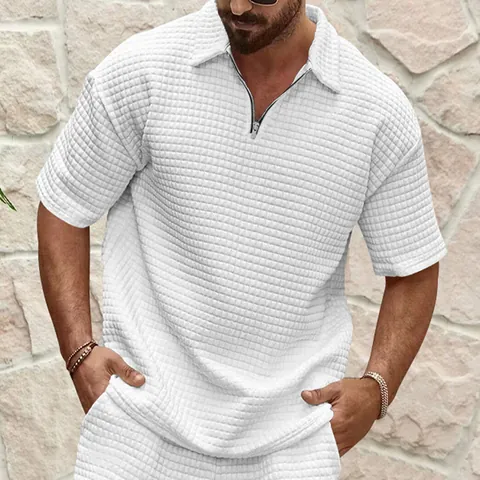 Ανδρική Casual Μπλούζα Πόλο με Φερμουάρ Πλέξη Waffle Κοντό Μανίκι Μονόχρωμη Χαλαρή Εφαρμογή Αναπνεύσιμη Αθλητική