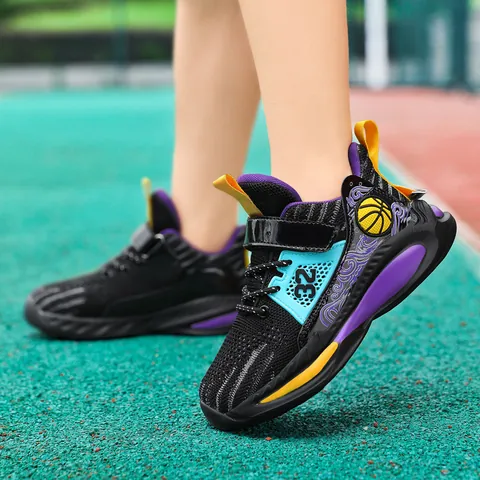 Boys Basketball Shoes Summer Breathable Mesh Kids Sports Sneakers Lightweight Shock-Absorbing Outdoor Running Shoes For Boys 6-12 Years Old Fashion Casual Footwear