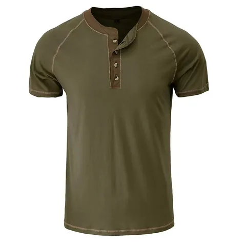 Men Casual Henley Shirt Short Sleeve Cotton Blend Top With Contrast Raglan Sleeves And Button Placket Daily Basic Tee