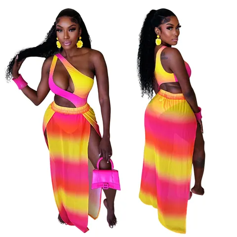 Women Sexy Ombré Print Top And Bottom One Shoulder Cut Out Bodysuit High Split Maxi Skirt Vacation Beachwear