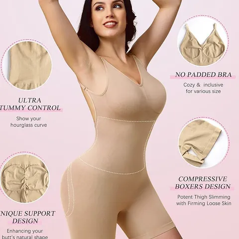 Body Moldeador Sin Costuras para Mujer Control de Abdomen Realce de Glúteos Espalda Descubierta Cuello en V Sin Mangas