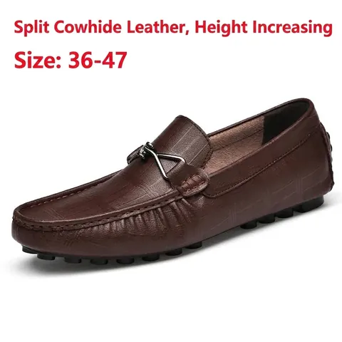Men Split Leather Loafers Height Increasing Casual Slip On Driving Shoes Crocodile Pattern Soft Sole Breathable Moccasins Fashion Shoes For Men