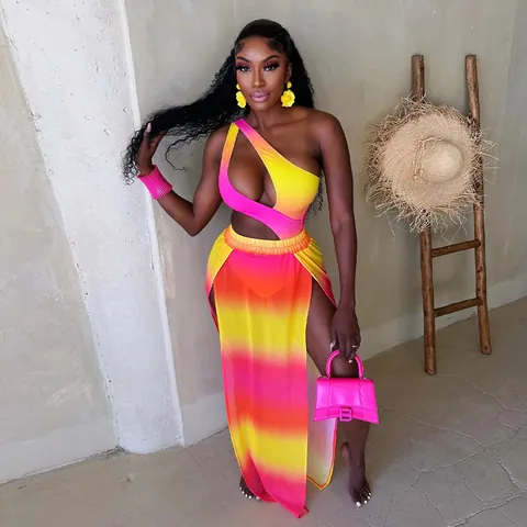 Women Sexy Ombré Print Top And Bottom One Shoulder Cut Out Bodysuit High Split Maxi Skirt Vacation Beachwear