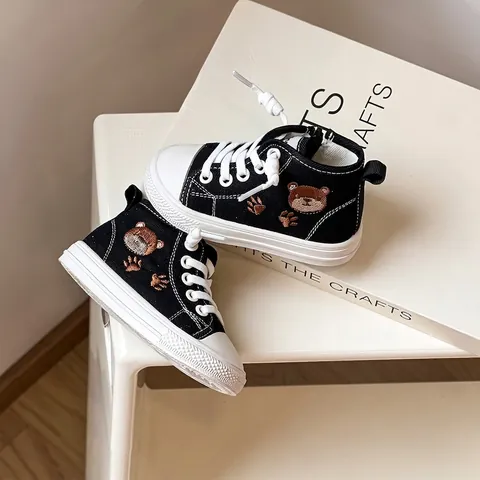 Kleinkind High Top Canvas Skateschuhe Bär Stickerei Weiche Sohle Rutschfest Seitenreißverschluss Lauflernschuhe Für Baby Jungen Mädchen Freizeit Herbst Sneaker