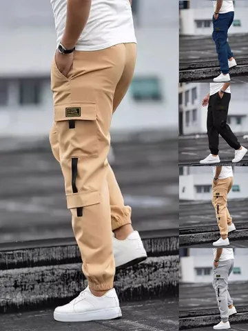 Men's High Street Retro Multi Pocket Cargo Jogger Pants Casual Polyester Twill Cuffed Long Trousers For Outdoor Daily