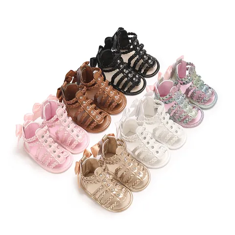 Baby Girl Bowknot Rhinestone Summer Sandals PU Soft Sole Woven Open Toe First Walker Shoes For Infants 0-1 Year Old Toddler Daily Outdoor Sandals