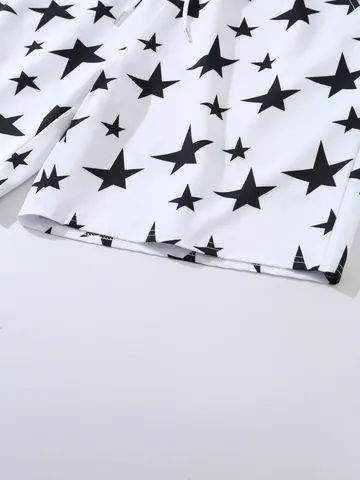 Men Summer Sport Casual Star Print Beach Shorts Woven Fabric Drawstring Elastic Waist Swim Trunks Plus Size Bottoms