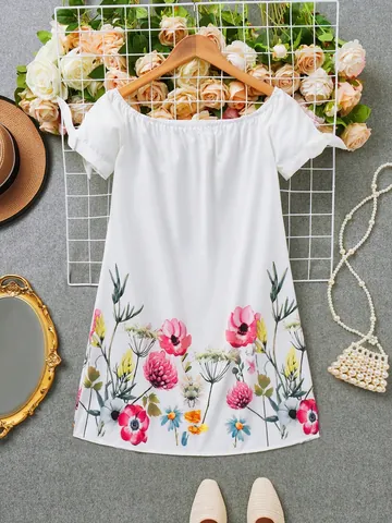 Vestido de Verano con Estampado Floral para Mujer Hombros Descubiertos Manga Anudada Blanco Sexy Vestido Mini de Poliéster