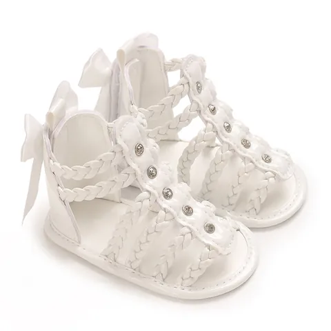 Baby Girl Bowknot Rhinestone Summer Sandals PU Soft Sole Woven Open Toe First Walker Shoes For Infants 0-1 Year Old Toddler Daily Outdoor Sandals