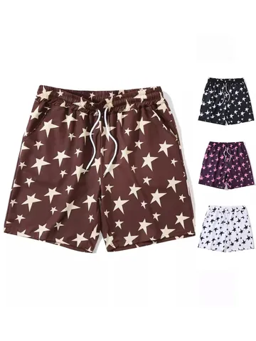 Men Summer Sport Casual Star Print Beach Shorts Woven Fabric Drawstring Elastic Waist Swim Trunks Plus Size Bottoms