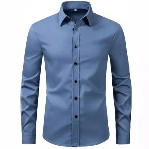 Men Business Formal Long Sleeve Shirt Solid Color Turn-down Collar Button Down Slim Fit Casual Professional Office Dress Shirt Top