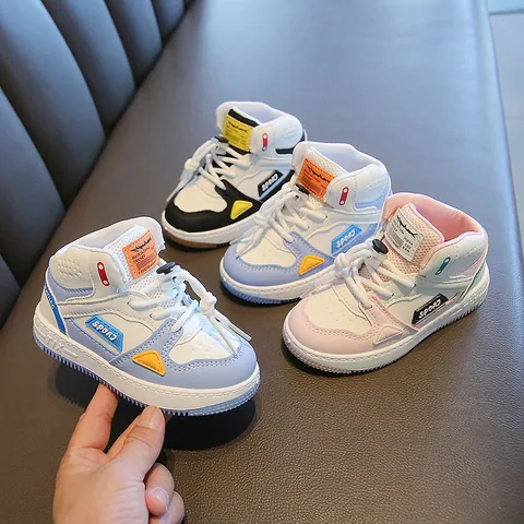 Zapatos de Tabla de Caña Alta para Niños Bloques de Color Suela Blanda Zapatillas Transpirables para Niños Niñas Calzado Deportivo Casual para Estudiantes