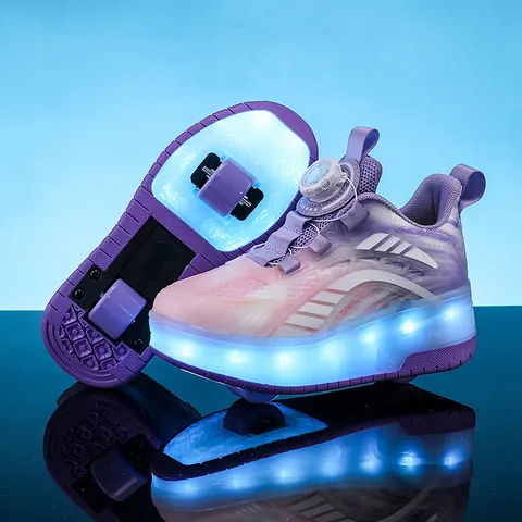 Kids Roller Shoes For Girls Boys Double Wheels LED Light Up USB Charging Detachable Skating Sneakers Rotating Buckle Sports Shoes