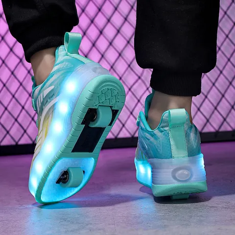 Kids Roller Shoes For Girls Boys Double Wheels LED Light Up USB Charging Detachable Skating Sneakers Rotating Buckle Sports Shoes