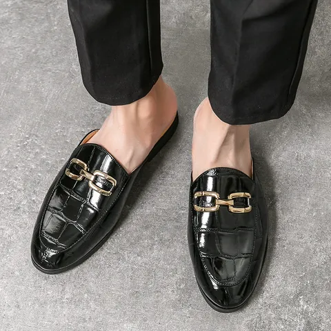 Mules Homme Motif Crocodile Loafers Boucle Métallique Été Slip-on Cuir Microfibre Semelle Caoutchouc Mode Demi-Chaussures