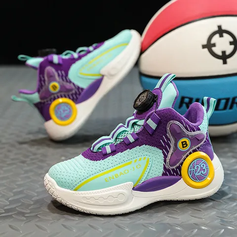 Kids Boys Basketball Shoes Rotating Buckle Breathable Mesh Non-Slip Sport Sneakers For Children 6-12 Years Old