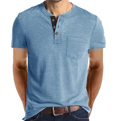 Men Henley Short Sleeve T-Shirt Cotton Blend Casual Slim Fit Round Neck Top With Buttons And Pocket Summer Fashion Apparel