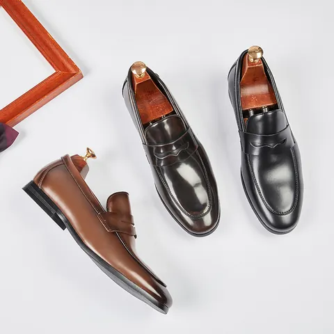 Men's Genuine Leather Loafers British Style Business Casual Slip-on Dress Shoes Black Brown Low Heel Elegant Leather Shoes