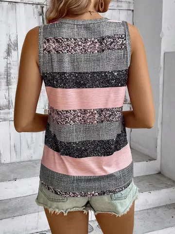 Women Casual Sleeveless Vest Top V Neck Henley Button Striped Printed Polyester T-Shirt Summer Beach Tank Top