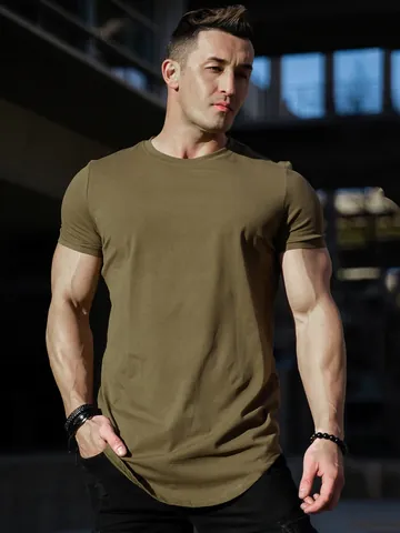 Herren Slim Fit Sport T-Shirt Kurzarm Gym Running Sports Top Abgerundeter Saum Baumwolle Einfarbig Muskelshirt Sommer Tee