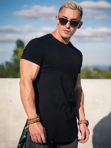 Herren Slim Fit Sport T-Shirt Kurzarm Gym Running Sports Top Abgerundeter Saum Baumwolle Einfarbig Muskelshirt Sommer Tee