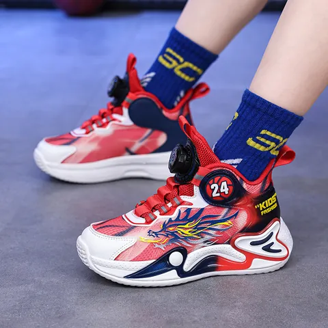 Boys Basketball Shoes Breathable Mesh Rotary Knob Kids Sneakers Dragon Pattern Sport Shoes For 6-12 Years Old School Gym