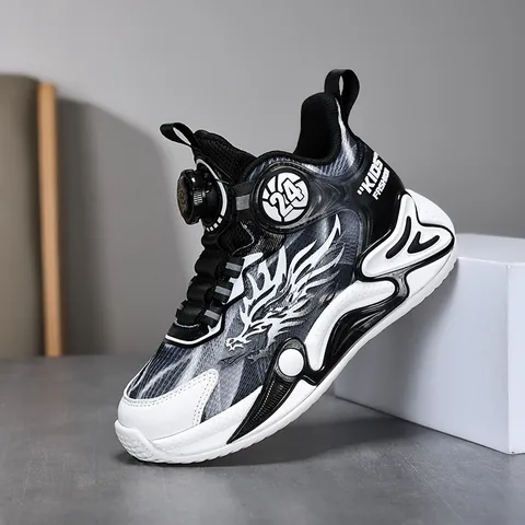 Boys Basketball Shoes Breathable Mesh Rotary Knob Kids Sneakers Dragon Pattern Sport Shoes For 6-12 Years Old School Gym