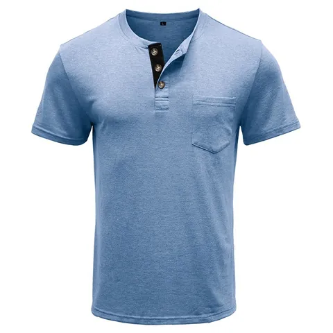 Men's Casual Cotton Henley Shirt Short Sleeve Slim Fit T-Shirt With Pocket Contrast Placket Summer Fashion Top