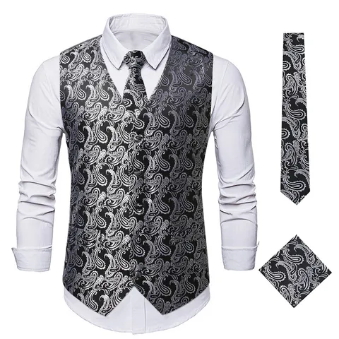 Men's Formal Paisley Jacquard Vest Set Three-Piece Slim Fit Wedding Business Suit Gilet Tie Handkerchief Party Dress Waistcoat
