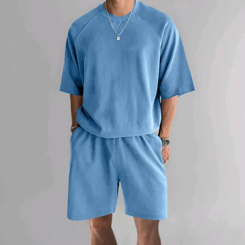Conjunto de Dos Piezas para Hombre Casual French Terry Top And Bottom Camiseta de Manga Corta y Pantalones Cortos Oversize