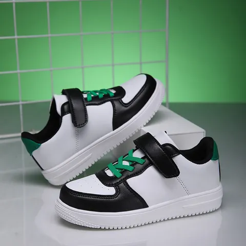 Kids Boy Board Shoes 2024 Spring Autumn Microfiber Leather White Sneakers Campus Student Casual Sports Shoes Velcro Flat Shoes