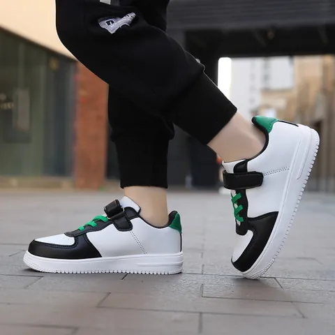 Kids Boy Board Shoes 2024 Spring Autumn Microfiber Leather White Sneakers Campus Student Casual Sports Shoes Velcro Flat Shoes