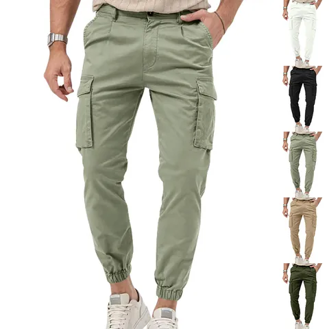 Men's Casual Cargo Pants Multi Pocket Solid Color Joggers Polyester Mid Waist Drawstring Outdoor Workout Daily Bottom Trousers