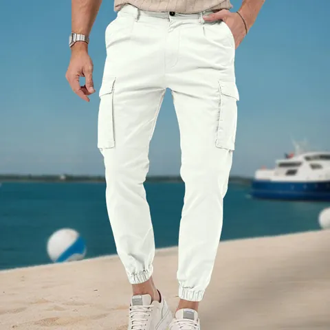 Men's Casual Cargo Pants Multi Pocket Solid Color Joggers Polyester Mid Waist Drawstring Outdoor Workout Daily Bottom Trousers
