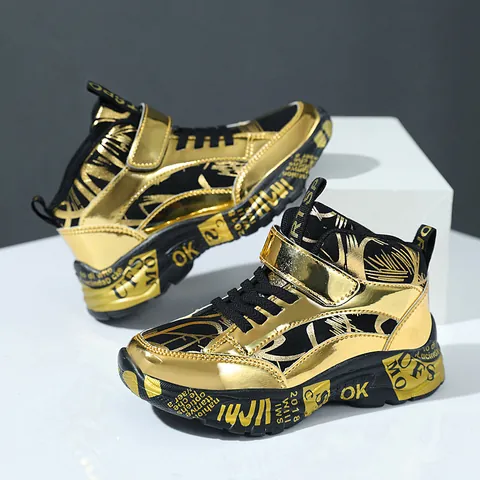 Boys High Top Sneakers Metallic Leather Kids Sports Shoes Graffiti Print Hook And Loop Warm Running Shoes For School Outdoor