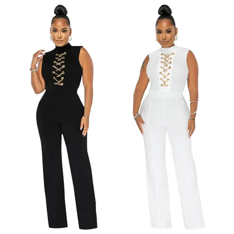 Women Mock Neck Sleeveless Wide Leg Jumpsuit Sexy High Waist Jumpsuit With Gold Chain Cutout Bodycon Solid Color Party Romper
