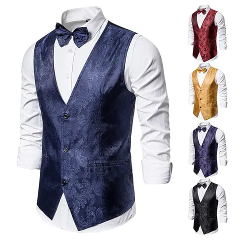 Heren Paisley Jacquard Vest En Stropdas V-Hals Single-Breasted Slim Fit Formeel Zakelijk Bruiloft Feest Vest Voor Heren