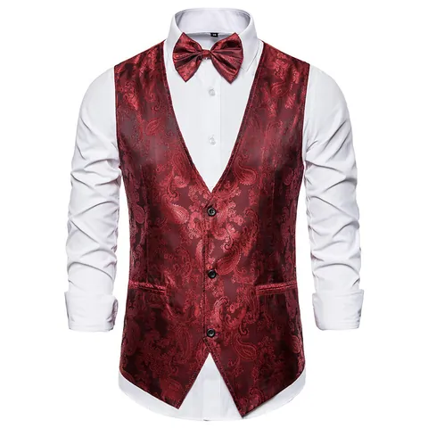Heren Paisley Jacquard Vest En Stropdas V-Hals Single-Breasted Slim Fit Formeel Zakelijk Bruiloft Feest Vest Voor Heren